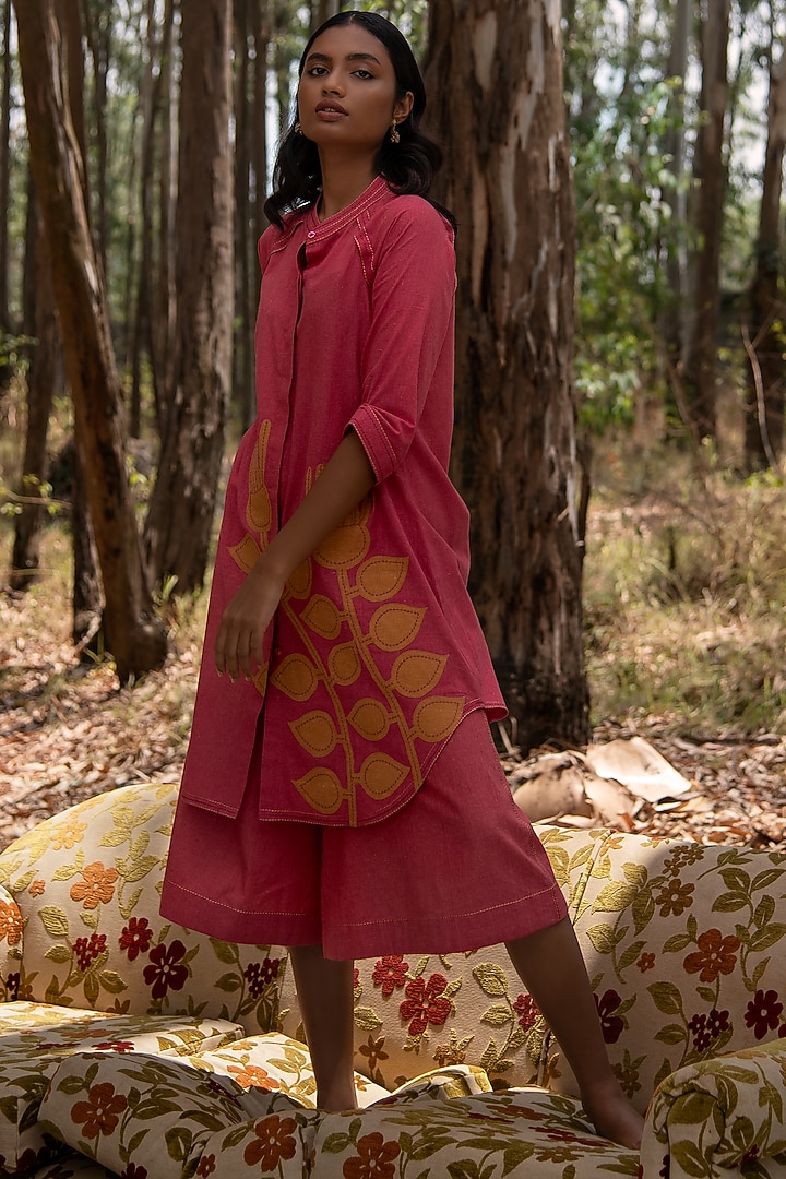 Warm Red Muslin Cotton Embroidered Co-Ord Set by Priya Agarwal at Pernia's Pop Up Shop