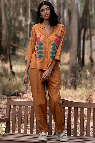 Mustard Muslin Cotton Jogger Pants by Priya Agarwal