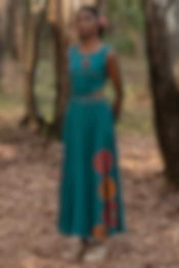 Ink Blue Viscose Cotton Marigold Applique Vacation Dress by Priya Agarwal at Pernia's Pop Up Shop