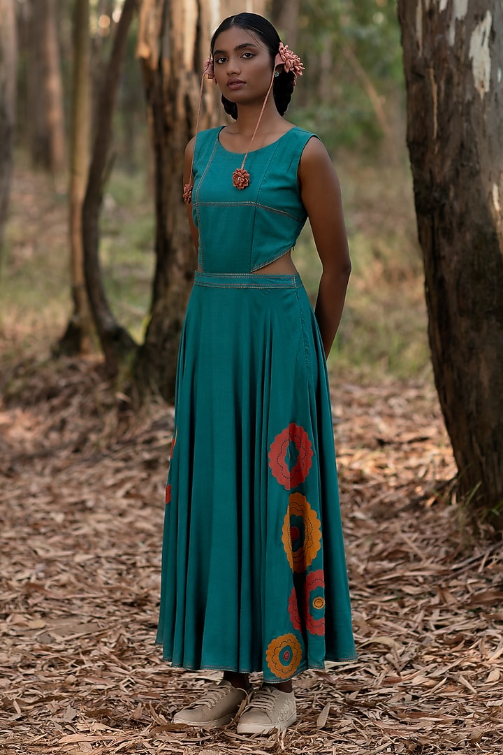 Ink Blue Viscose Cotton Marigold Applique Vacation Dress by Priya Agarwal at Pernia's Pop Up Shop