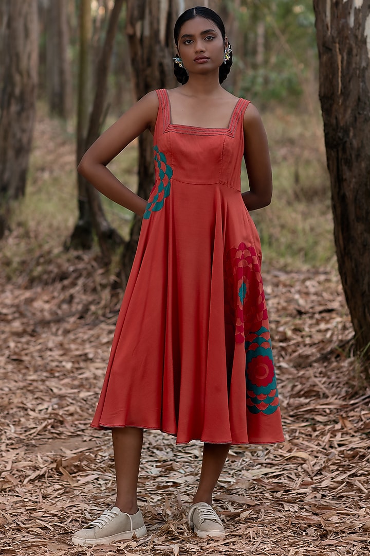 Pink Viscose Cotton Marigold Applique Vacation Dress by Priya Agarwal at Pernia's Pop Up Shop