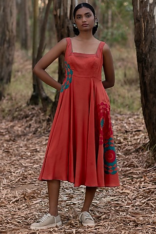 Pink Viscose Cotton Marigold Applique Dress by Priya Agarwal