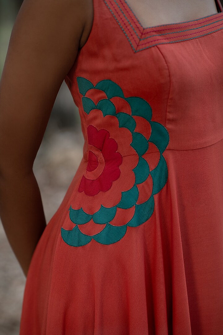 Pink Viscose Cotton Marigold Applique Vacation Dress by Priya Agarwal at Pernia's Pop Up Shop