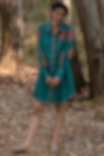 Ink Blue Viscose Cotton Applique Embroidered Summer Shirt Dress by Priya Agarwal at Pernia's Pop Up Shop