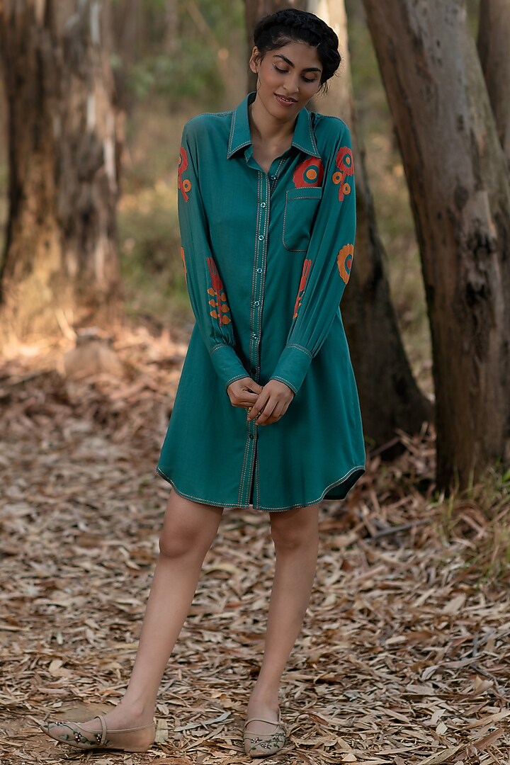 Ink Blue Viscose Cotton Applique Embroidered Summer Shirt Dress by Priya Agarwal at Pernia's Pop Up Shop