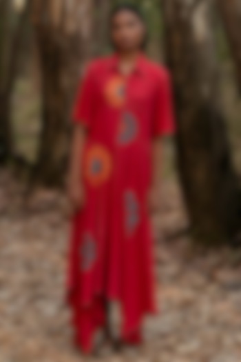 Warm Red Viscose Cotton Embroidered Vacation Shirt Dress by Priya Agarwal at Pernia's Pop Up Shop