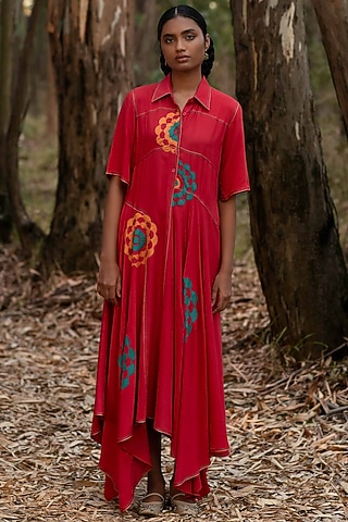Warm Red Viscose Cotton Embroidered Shirt Dress by Priya Agarwal
