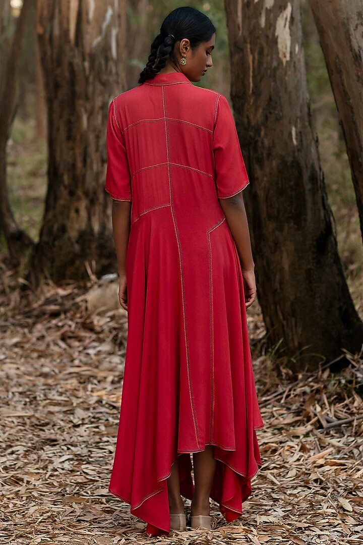 Warm Red Viscose Cotton Embroidered Vacation Shirt Dress by Priya Agarwal at Pernia's Pop Up Shop