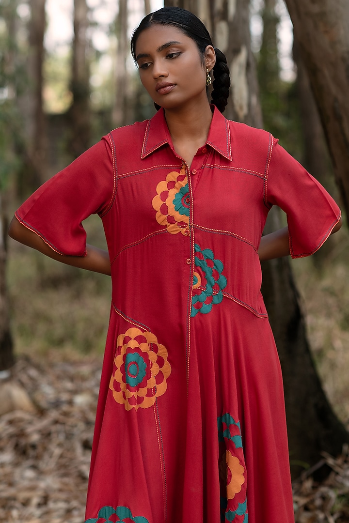 Warm Red Viscose Cotton Embroidered Vacation Shirt Dress by Priya Agarwal at Pernia's Pop Up Shop