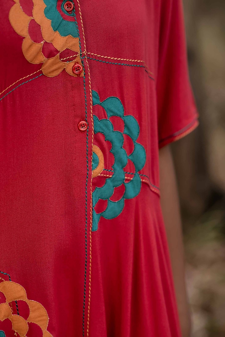 Warm Red Viscose Cotton Embroidered Vacation Shirt Dress by Priya Agarwal at Pernia's Pop Up Shop