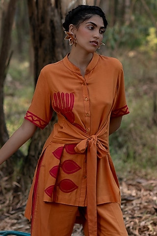 Mustard Viscose Cotton Front Tie-Up Top by Priya Agarwal