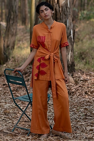 Mustard Viscose Cotton Flowy Pants by Priya Agarwal