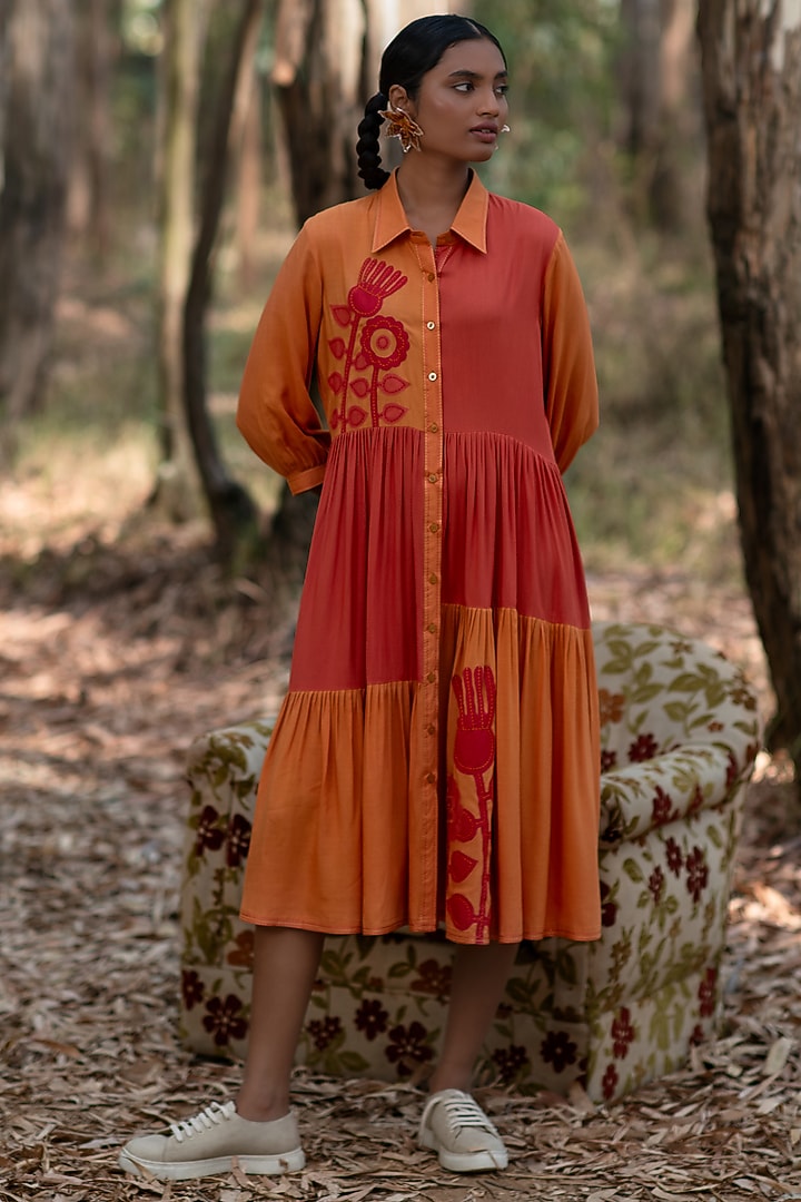 Mustard & Soft Pink Viscose Cotton Embroidered Vacation Dress by Priya Agarwal at Pernia's Pop Up Shop