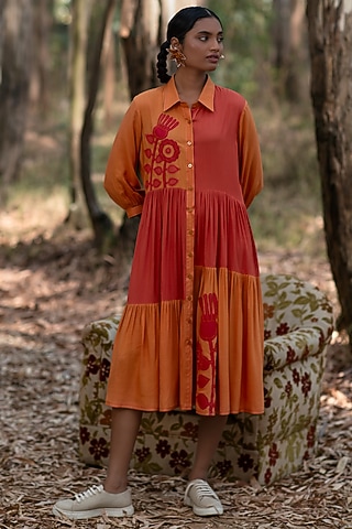Mustard & Soft Pink Viscose Cotton Embroidered Dress by Priya Agarwal