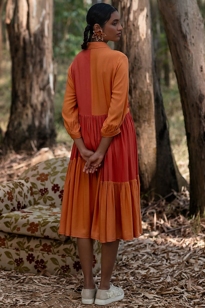 Mustard & Soft Pink Viscose Cotton Embroidered Vacation Dress by Priya Agarwal at Pernia's Pop Up Shop