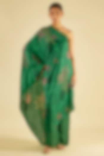 Emerald Green Habutai Silk Printed One-Shoulder Tunic Set by Paulmi & Harsh at Pernia's Pop Up Shop
