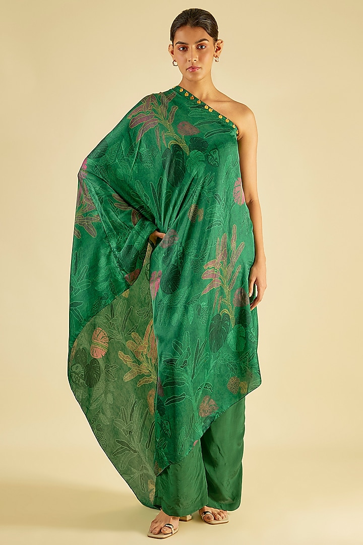Emerald Green Habutai Silk Printed One-Shoulder Tunic Set by Paulmi & Harsh at Pernia's Pop Up Shop