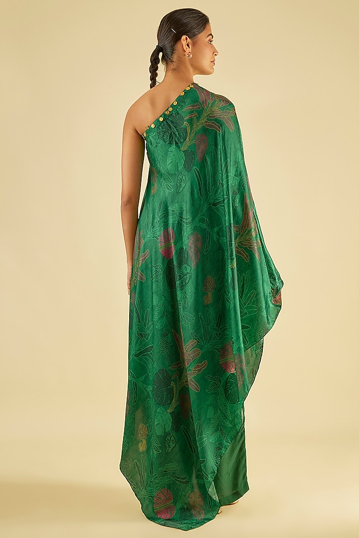 Emerald Green Habutai Silk Printed One-Shoulder Tunic Set by Paulmi & Harsh at Pernia's Pop Up Shop
