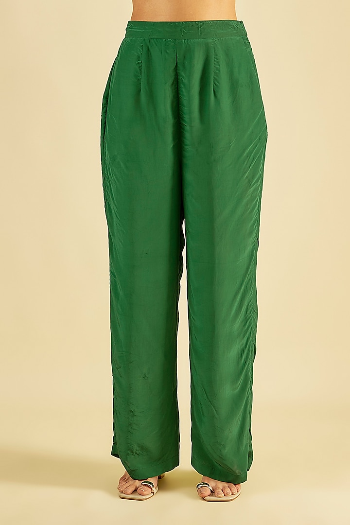 Emerald Green Habutai Silk Printed One-Shoulder Tunic Set by Paulmi & Harsh at Pernia's Pop Up Shop