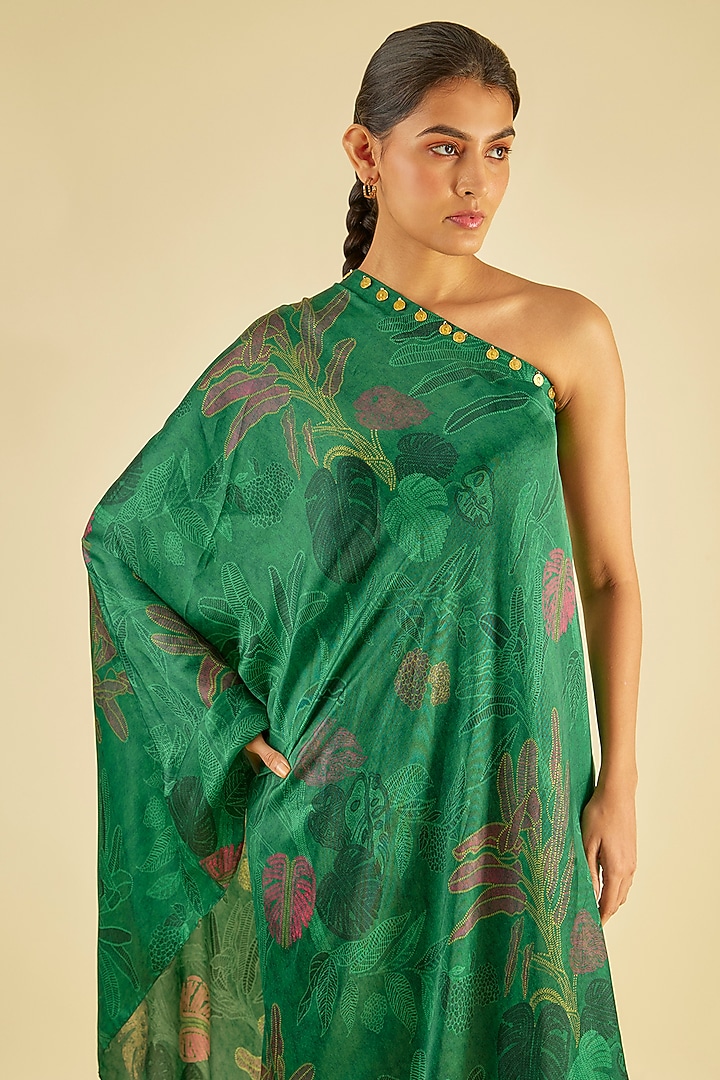Emerald Green Habutai Silk Printed One-Shoulder Tunic Set by Paulmi & Harsh at Pernia's Pop Up Shop