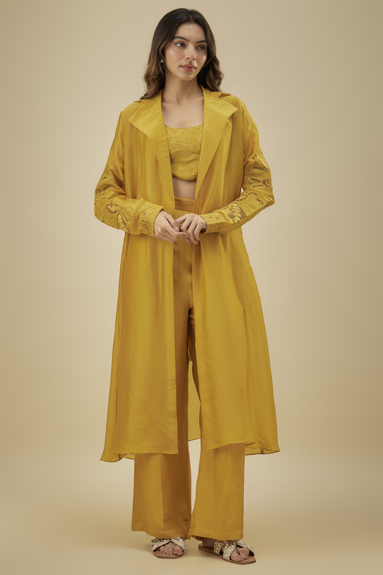 Golden Yellow Silk Cutwork Embroidered Jacket Set by Paulmi & Harsh at Pernia's Pop Up Shop