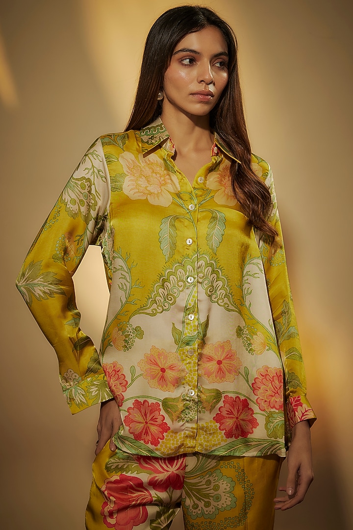 Yellow Habutai Silk Printed Co-Ord Set by Paulmi & Harsh at Pernia's Pop Up Shop