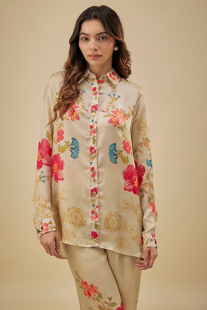 Ivory Habutai Silk Printed Co-Ord Set by Paulmi & Harsh at Pernia's Pop Up Shop