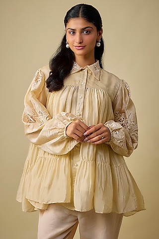 Ivory Silk Organza Floral Embroidered Dress by Paulmi & Harsh