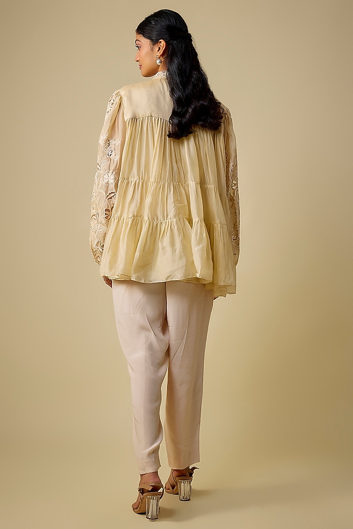Ivory Silk Organza Floral Embroidered Vacation Dress by Paulmi & Harsh at Pernia's Pop Up Shop
