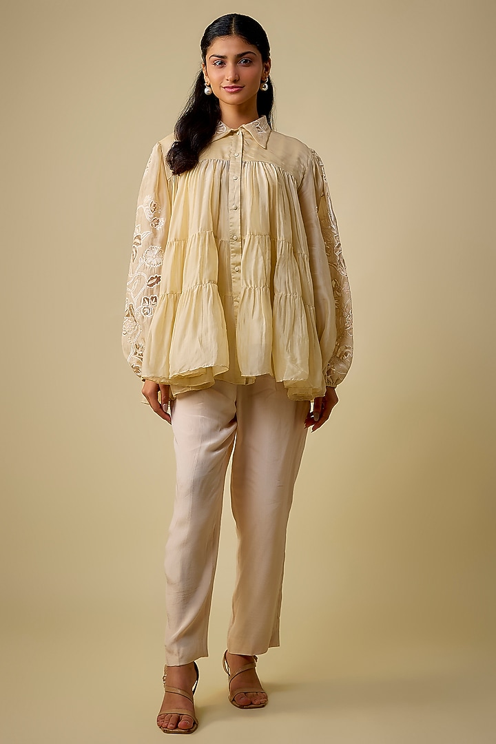 Ivory Silk Organza Floral Embroidered Vacation Dress by Paulmi & Harsh at Pernia's Pop Up Shop