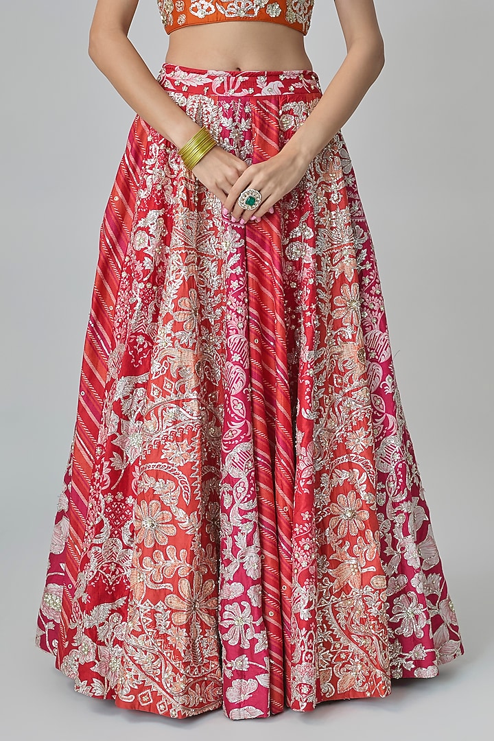 Pink Chiniya Silk Leheriya & Floral Printed Wedding Lehenga Set by Paulmi & Harsh at Pernia's Pop Up Shop