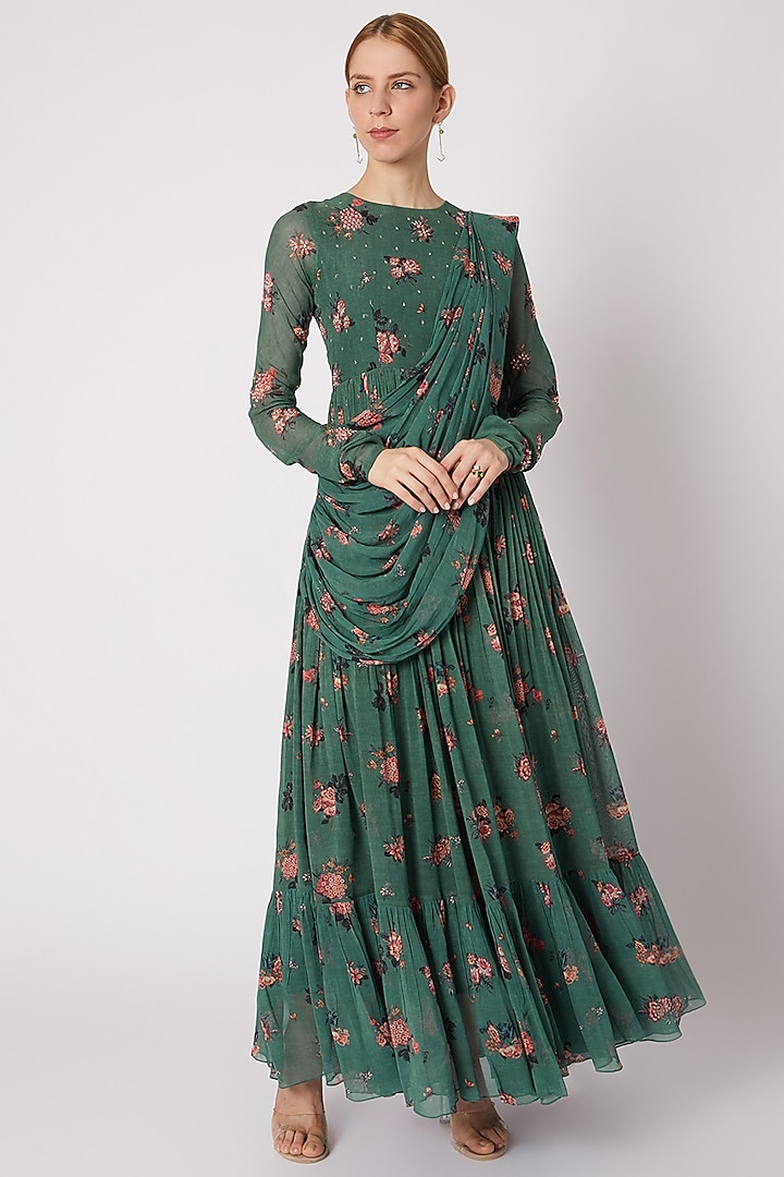 Emerald Green Embroidered & Printed Draped Anarkali With Belt by Paulmi & Harsh at Pernia's Pop Up Shop