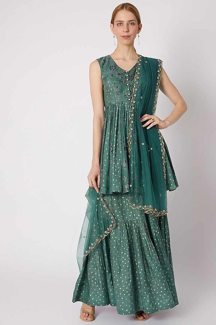 Emerald Green Embroidered & Printed Skirt Set Design by Paulmi & Harsh ...