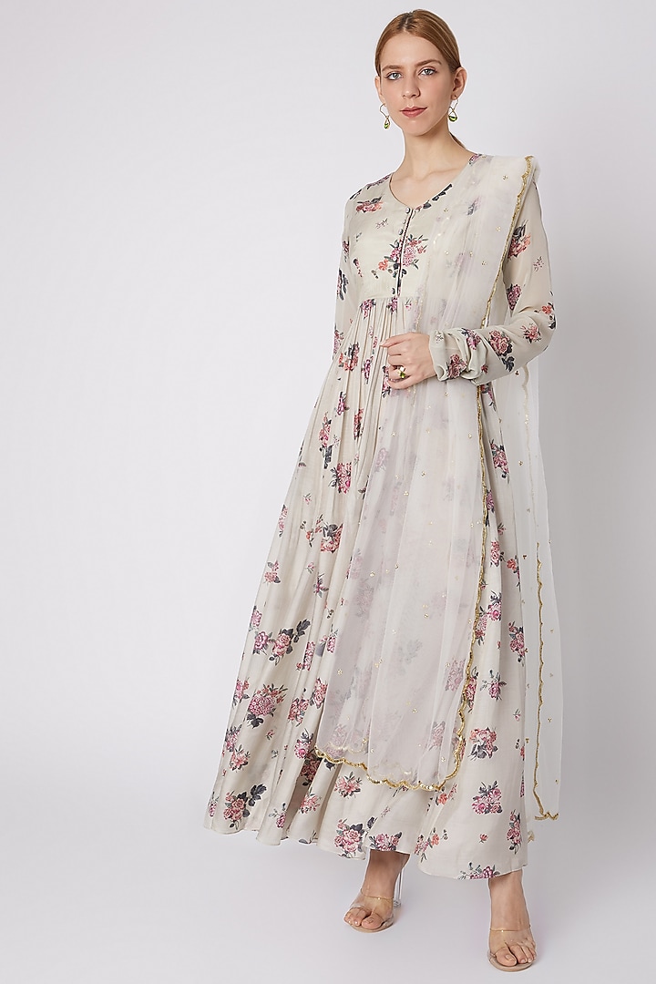 Silver Printed Anarkali With Dupatta by Paulmi & Harsh at Pernia's Pop Up Shop