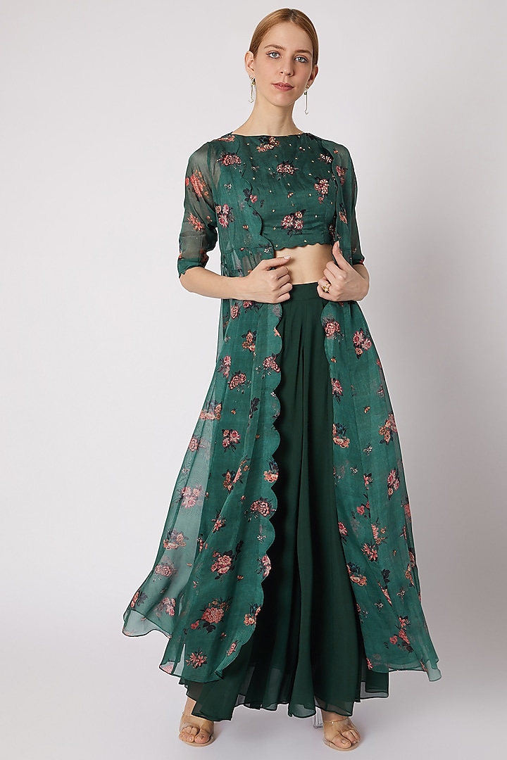 Emerald Green Printed & Embroidered Jacket Set by Paulmi & Harsh