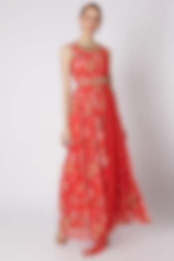 Red Embroidered & Printed Anarkali With Attached Dupatta & Belt by Paulmi & Harsh