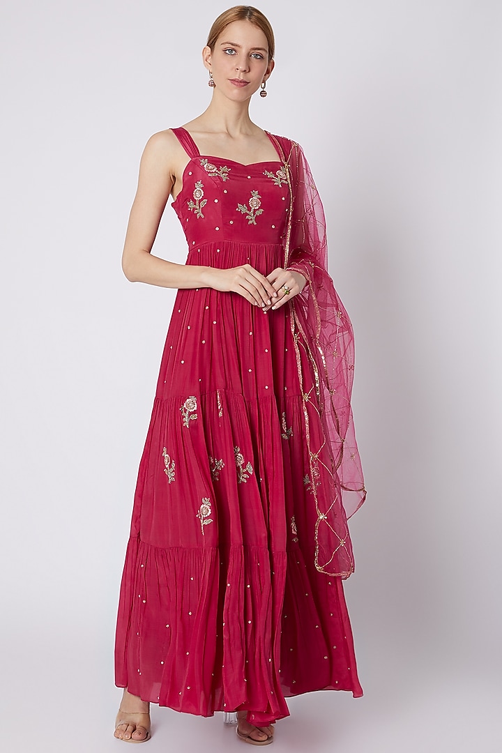 Fuchsia Pink Embroidered Anarkali With Dupatta by Paulmi & Harsh