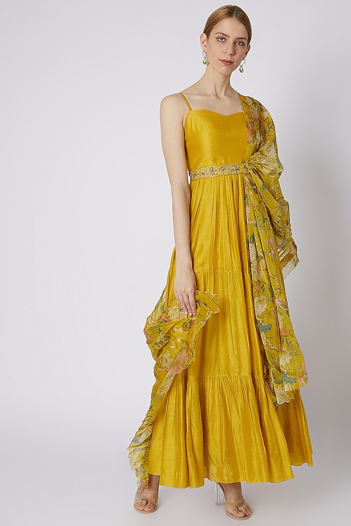 Mustard Anarkali With Printed Dupatta & Embroidered Belt by Paulmi & Harsh