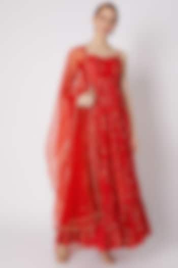 Red Printed Anarkali With Dupatta by Paulmi & Harsh