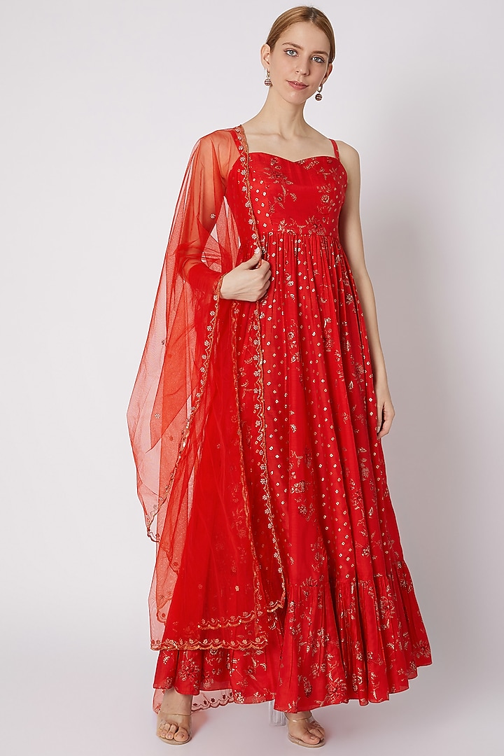 Red Printed Anarkali With Dupatta by Paulmi & Harsh