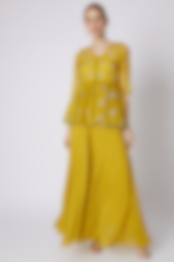 Mustard Embroidered Peplum Blouse With Palazzo Pants by Paulmi & Harsh