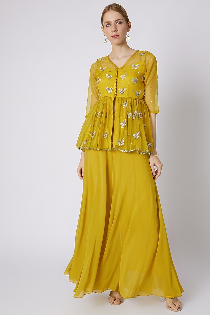 Mustard Embroidered Peplum Blouse With Palazzo Pants by Paulmi & Harsh at Pernia's Pop Up Shop