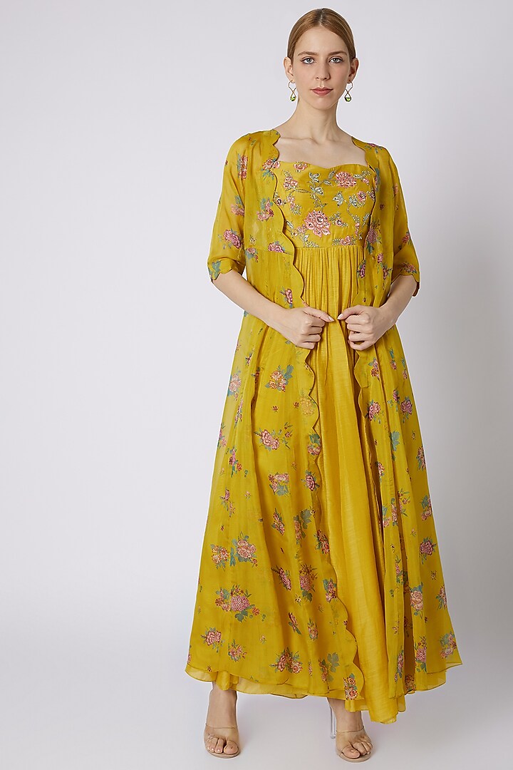 Mustard Embroidered Anarkali With Jacket by Paulmi & Harsh