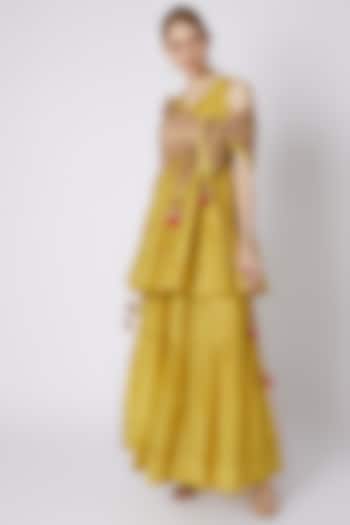 Mustard Printed Skirt Set by Paulmi & Harsh