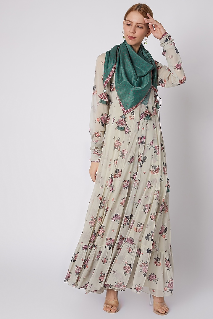 Silver Printed Wrap Around Anarkali With Inner & Scarf by Paulmi & Harsh