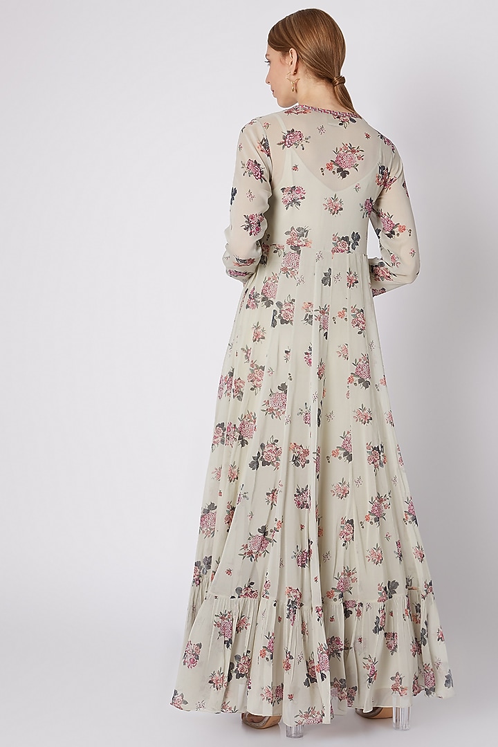 Silver Printed Wrap Around Anarkali With Inner & Scarf by Paulmi & Harsh at Pernia's Pop Up Shop