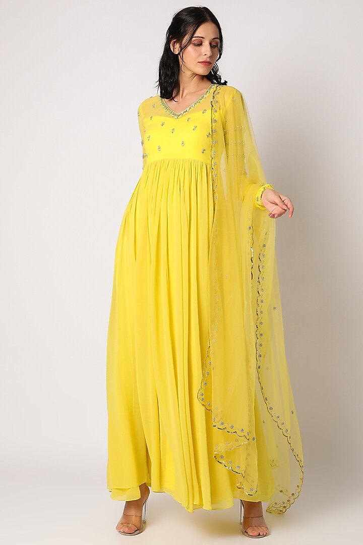 Yellow Embroidered Anarkali Set by Paulmi & Harsh