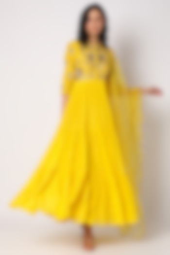 Yellow Embroidered Anarkali With Dupatta by Paulmi & Harsh