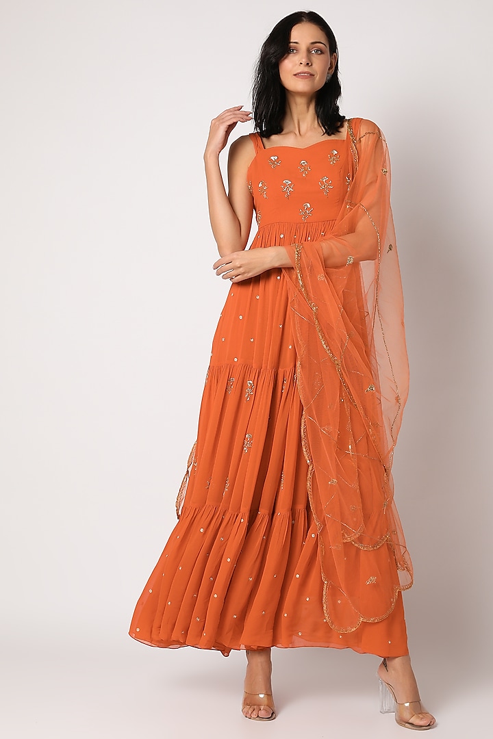 Orange Embroidered Anarkali Set by Paulmi & Harsh