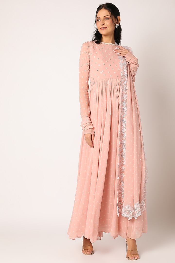 Baby Pink Embroidered Anarkali Set by Paulmi & Harsh